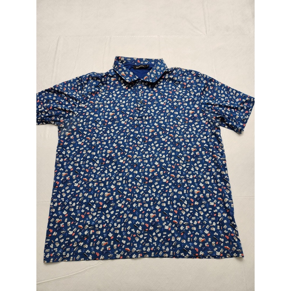 Bugatchi Polo Shirt Mens 2XL Blue Mercerized Cotton Casino Print Short Sleeve